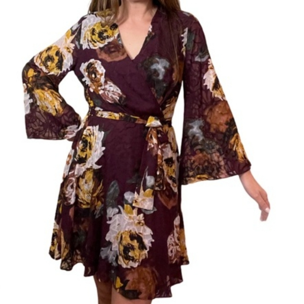 Ivanka Trump Bell Sleeve Burgundy Yellow Floral Wrap Dress Size 2